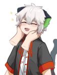  1boy 1other animal_ears arknights bishounen blush cat_boy cat_ears cat_tail chinese_clothes closed_eyes fang hands_on_another&#039;s_face highres luoxiaohei male_focus short_hair simple_background smile tail the_legend_of_luo_xiaohei tofudofu upper_body white_background white_hair 