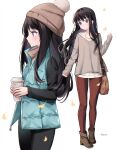  1girl bag bangs beanie black_hair black_pants blue_jacket boots brown_footwear brown_headwear brown_pants brown_sweater closed_mouth coffee_cup commentary cup disposable_cup english_commentary ginkgo_leaf hat high_heel_boots high_heels highres holding holding_cup inoue_takina jacket leaf long_hair long_sleeves looking_away lycoris_recoil multiple_views nami_(nyaa) open_clothes open_jacket pants pinching_sleeves profile shirt shoulder_bag signature simple_background sleeves_past_wrists standing sweater turtleneck turtleneck_sweater very_long_hair violet_eyes white_background white_shirt 