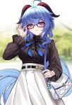  1girl ahoge alternate_costume bad_id bad_twitter_id bag bangs black_bow black_bowtie black_shirt blue_hair blurry blurry_background blush bow bowtie breasts eternity_(shadeh) ganyu_(genshin_impact) genshin_impact glasses goat_horns handbag highres horns large_breasts long_sleeves looking_at_viewer parted_lips shirt shirt_tucked_in skirt smile solo violet_eyes white_skirt 