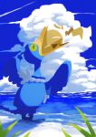  animal_focus beach bird blue_sky blue_theme closed_eyes clouds colored_sclera commentary cramorant day eating from_behind full_body ghostpokemon94 grass green_sclera head_back highres horizon no_humans ocean open_mouth outdoors pikachu pokemon pokemon_(creature) sky standing water 