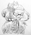  1girl alternate_costume cross-shaped_pupils hair_ornament hands_up isamu-ki_(yuuki) japanese_clothes kimono long_sleeves looking_at_viewer medium_hair mole mole_under_mouth monochrome obi open_mouth pearl_(splatoon) sash simple_background sleeves_past_fingers sleeves_past_wrists solo splatoon_(series) suction_cups teeth tentacle_hair traditional_media v-shaped_eyebrows white_background wide_sleeves 