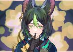  1boy @lm animal_ear_fluff animal_ears bangs black_gloves black_hair blurry blurry_background commentary_request finger_to_mouth flower fox_boy fox_ears genshin_impact gloves green_eyes green_hair hair_between_eyes highres index_finger_raised looking_at_viewer male_focus medal multicolored_hair solo streaked_hair tighnari_(genshin_impact) upper_body yellow_flower 