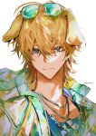  1boy absurdres animal_ears arknights artist_name bishounen blonde_hair blue_eyes dog_boy dog_ears dog_tags eyewear_on_head highres jewelry looking_at_viewer male_focus necklace onun short_hair simple_background solo sunglasses tequila_(arknights) tinted_eyewear upper_body white_background 