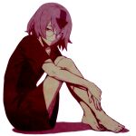  1boy arrow_(symbol) bangs barefoot bedman dress glasses gown guilty_gear guilty_gear_xrd hair_between_eyes hospital_gown looking_at_viewer purple_hair red_eyes rimless_eyewear round_eyewear short_hair simple_background sitting solo tb_(spr1110) white_background 