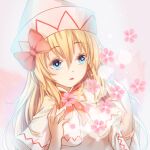  1girl blonde_hair blue_eyes bow bowtie capelet commentary_request dress fairy fairy_wings flower hat hat_bow highres lily_white long_hair long_sleeves minuo pink_flower red_bow red_bowtie sidelocks touhou upper_body white_capelet white_dress white_footwear white_headwear wide_sleeves wings 