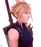  1boy aqua_eyes armor artist_name belt blonde_hair blue_shirt buster_sword cloud_strife final_fantasy final_fantasy_vii final_fantasy_vii_remake hair_between_eyes highres leandro_franci looking_to_the_side male_focus portrait shirt short_hair shoulder_armor single_bare_shoulder sleeveless sleeveless_turtleneck solo spiky_hair suspenders turtleneck upper_body weapon weapon_on_back white_background 