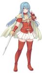  1girl arm_at_side armor blue_eyes blue_hair blush boots breastplate cape closed_mouth eirika_(fire_emblem) faulds fingerless_gloves fire_emblem fire_emblem:_the_sacred_stones full_body gloves grey_cape hair_between_eyes highres long_hair looking_at_viewer miniskirt pauldrons red_footwear red_gloves shiseki_hirame shoulder_armor skirt smile solo standing sword thigh-highs thigh_boots very_long_hair weapon white_background white_skirt zettai_ryouiki 