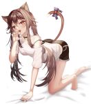  1girl absurdres all_fours animal_ears barefoot black_choker black_nails black_shorts bow brown_eyes brown_hair cat_ears cat_tail choker full_body genshin_impact highres hu_tao_(genshin_impact) long_hair looking_at_viewer maru_(est3562) open_mouth shirt shorts simple_background solo tail tail_bow tail_ornament white_background white_shirt 