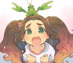  1girl animal_on_head bangs brown_hair clenched_hands collarbone commentary crayfish crustacean enuma_(uma-festival) gradient_hair green_eyes hair_ornament hair_scrunchie hands_up highres idolmaster idolmaster_cinderella_girls kusakabe_wakaba light_blush long_hair looking_at_viewer multicolored_hair on_head open_mouth orange_hair parted_bangs pink_scrunchie scrunchie shirt short_sleeves sweat t-shirt teeth thick_eyebrows tongue twintails very_long_hair wavy_hair white_shirt worried 