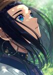  1girl absurdres ainu_clothes asirpa bandana black_hair blue_eyes commentary dappled_sunlight day earrings eye_reflection eyelashes from_side golden_kamuy highres hoop_earrings jewelry long_hair looking_up mochiko_(tvygbntl) outdoors parted_lips portrait profile reflection solo sugimoto_saichi sunlight 