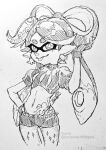 1girl callie_(splatoon) choker closed_mouth crop_top cross-shaped_pupils earrings food food_on_head gloves greyscale hand_on_hip hand_up highleg highleg_panties isamu-ki_(yuuki) jewelry long_hair mole mole_under_eye monochrome navel object_on_head panties pantyhose_under_shorts pointy_ears puffy_short_sleeves puffy_sleeves short_shorts short_sleeves shorts simple_background smile solo spiked_choker spiked_shorts spikes splatoon_(series) splatoon_2 stomach_tattoo suction_cups tattoo tentacle_hair tongue tongue_out traditional_media twitter_username underwear white_background