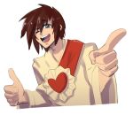  1boy artist_name brown_hair brown_robe cosmikaizer cosplay english_commentary gundam gundam_seed jesus jesus_(cosplay) kira_yamato looking_to_the_side male_focus meme one_eye_closed open_mouth robe smile solo the_bible thumbs_up upper_body violet_eyes white_background 