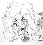  1girl bare_shoulders belt breasts cephalopod_eyes fangs horizontal_pupils isamu-ki_(yuuki) long_hair medium_breasts monochrome octarian octocopter open_mouth simple_background splatoon_(series) splatoon_2 suction_cups takozonesu tears teeth tentacle_hair traditional_media upset v-shaped_eyebrows wavy_mouth white_background 