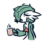  1girl advos bangs bob_cut closed_eyes colored_skin commentary cropped_torso cup drink english_commentary english_text flat_chest flat_color gardevoir green_hair green_skin hair_over_one_eye hand_up highres holding holding_cup holding_drink messy_hair mug multicolored_skin one_eye_covered open_mouth pokemon pokemon_(creature) short_hair simple_background sketch sleepy solo steam two-tone_skin u_u upper_body white_background white_skin 