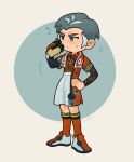  1boy collared_shirt commentary_request cup drinking dynamax_band full_body gloves grey_hair hand_on_hip highres holding holding_cup kabu_(pokemon) knees male_focus multicolored_hair pokemon pokemon_(game) pokemon_swsh red_socks shinohara_akeo shirt shoes short_hair short_sleeves shorts single_glove socks solo standing towel towel_around_neck two-tone_hair 