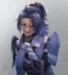  1girl armor ashera_(xenoblade) black_hair blood breasts dark-skinned_female dark_skin gloves hair_ornament heavelle large_breasts open_mouth ponytail red_eyes shoulder_armor simple_background smile teeth xenoblade_chronicles_(series) xenoblade_chronicles_3 