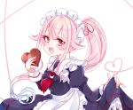  adapted_costume alternate_costume apron black_dress blue_hair candy chiyori_(soleilandiris) chocolate cowboy_shot dress enmaided flower food gradient_hair hair_flaps hair_flower hair_ornament harusame_(kancolle) heart heart-shaped_chocolate highres kantai_collection maid maid_headdress multicolored_hair pink_hair red_eyes side_ponytail white_apron 