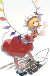  1girl absurdres ascot blonde_hair crystal flandre_scarlet hat hat_ribbon highres kurowa_(curowa) mob_cap open_mouth puffy_short_sleeves puffy_sleeves red_eyes red_skirt ribbon shoes short_sleeves skirt solo tile_floor tiles touhou vest white_headwear wings yellow_ascot 