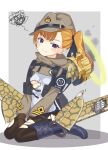  1girl ash_arms boots breasts character_request hat highres looking_at_viewer mecha_musume military military_hat military_uniform orange_hair pantyhose saettanmm336 side_ponytail simple_background sitting small_breasts smoke solo tears torn_clothes uniform violet_eyes white_background 