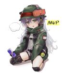  1girl absurdres bangs blush dhk117 english_commentary feet_out_of_frame g11_(girls&#039;_frontline) girls_frontline goggles goggles_on_headwear green_jacket grey_eyes grey_hair hair_between_eyes hat headphones highres jacket long_hair looking_at_viewer mod3_(girls&#039;_frontline) mvp open_mouth simple_background sitting smile solo wariza white_background 