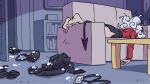 1girl bag black_suit boots clothes_removed couch demon_girl demon_horns exhausted formal handbag helltaker horns id_card kyo-hei_(kyouhei) lanyard pandemonica_(helltaker) shoes shoes_removed snow solo suit table tail