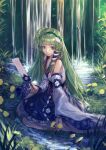  1girl absurdres bad_id bad_pixiv_id bare_shoulders blue_skirt chun_lanlanlan closed_mouth dandelion detached_sleeves floral_print flower frilled_skirt frills frog_hair_ornament from_side full_body gohei grass green_eyes green_hair green_hairband hair_ornament hair_tubes hairband highres holding holding_gohei kochiya_sanae lips long_hair looking_at_viewer on_ground outdoors sitting skirt smile snake_hair_ornament solo touhou very_long_hair vest wariza water waterfall white_sleeves white_vest yellow_flower 