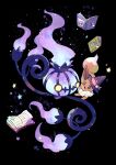  absurdres black_background book brown_eyes chandelure commentary_request eevee fire hatted_pokemon highres nekozane_chisa no_humans open_mouth pokemon pokemon_(creature) purple_fire smile star_(symbol) 