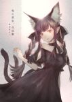  1girl alternate_color alternate_costume alternate_eye_color alternate_hair_color animal_ears bangs banned_artist black_dress black_eyes black_hair black_ribbon braid breasts cat_ears cat_tail choker cover cover_page cowboy_shot doujin_cover dress extra_ears gin_fragrans hair_ribbon highres kaenbyou_rin long_hair looking_at_viewer medium_breasts multiple_tails off-shoulder_dress off_shoulder parted_lips pointy_ears puffy_short_sleeves puffy_sleeves ribbon short_sleeves sidelocks solo tail touhou translation_request twin_braids two_tails 