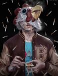  absurdres bandages black_background blood blood_stain chicken_mask cigarette deimos_art highres hotline_miami jacket jacket_(hotline_miami) mask non-web_source open_clothes open_jacket simple_background 