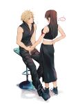  1boy 1girl apron arm_ribbon bare_arms bare_shoulders black_hair blonde_hair blue_eyes blush breasts brown_hair chair cloud_strife couple crop_top earrings final_fantasy final_fantasy_vii final_fantasy_vii_advent_children full_body hand_grab hand_on_hip high_collar highres jewelry long_hair looking_at_another maiii_(smaii_i) open_mouth ribbon simple_background sitting sleeveless spiky_hair standing tifa_lockhart waist_apron 