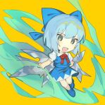 1girl :d blue_dress blue_eyes blue_hair bow cirno dress flower hair_bow highres ntii open_mouth orange_background pinafore_dress smile solo sunflower touhou wings yellow_background 