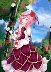  1girl ;) absurdres bangs blue_sky blurry blurry_background closed_mouth clouds dress english_commentary flower hair_flower hair_ornament highres long_hair looking_at_viewer medium_hair nijisanji nijisanji_en one_eye_closed one_side_up orchid_(orukido) outdoors pink_eyes pink_hair pink_nails red_dress red_flower red_rose rose rosemi_lovelock shirt sky smile solo tree white_flower white_rose white_shirt 