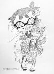  1girl :d aged_down animal animal_print callie_(splatoon) chihuahua cross-shaped_pupils dog fangs full_body geta hair_ornament holding holding_animal isamu-ki_(yuuki) japanese_clothes kimono leaf_hair_ornament looking_at_viewer mole mole_under_eye monochrome net open_mouth pointy_ears short_hair simple_background smile splatoon_(series) squid_print teeth tentacle_hair traditional_media twitter_username white_background wide_sleeves 