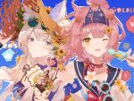  2girls animal_ear_fluff arknights bangs braid cat_girl chinese_commentary closed_mouth eyewear_on_head goldenglow_(arknights) green_eyes highres multiple_girls nachtschatten670 one_eye_closed parted_lips pink_hair rosmontis_(arknights) swimsuit white_hair yellow_eyes 