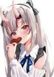  1girl bare_shoulders blue_ribbon blush candy chocolate closed_mouth clothing_cutout collared_shirt food frilled_shirt frilled_shirt_collar frills grey_hair hair_ribbon heart heart-shaped_chocolate highres hololive horns long_hair long_sleeves looking_at_viewer multicolored_hair nakiri_ayame neck_ribbon oni oni_horns red_eyes redhead ribbon shiro_hebi_rei shirt shoulder_cutout skin-covered_horns smile solo streaked_hair suspenders valentine virtual_youtuber white_shirt 