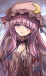  1girl bangs blue_bow blue_ribbon blunt_bangs blush bow bowtie capelet collar commentary crescent crescent_hat_ornament hair_bow hands_on_own_chest hat hat_ornament hat_ribbon head_tilt highres long_hair looking_at_viewer mob_cap namiki_(remiter00) open_mouth patchouli_knowledge purple_bow purple_bowtie purple_hair red_bow red_ribbon ribbon robe solo touhou upper_body very_long_hair violet_eyes wide_sleeves 
