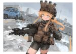  1girl absurdres artist_request bike_shorts black_gloves black_shorts blonde_hair blue_eyes blush braid braided_ponytail bulletproof_vest car city cow gloves ground_vehicle gun headset helmet highres holding holding_gun holding_weapon indie_virtual_youtuber load_bearing_equipment load_bearing_vest long_hair long_sleeves military military_helmet motor_vehicle night_vision_device open_mouth outdoors second-party_source shorts smile solo tactical_clothes teeth v virtual_youtuber weapon whiskey_project 