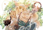  1girl :d animal animal_ears arknights bag bangs black_cat blonde_hair blue_hairband blue_skirt blush bow brown_jacket cat commentary_request crossover flower fox_ears fox_girl fox_tail frilled_hairband frills green_eyes hair_between_eyes hairband heixiu highres holding jacket kitsune long_hair long_sleeves luoxiaohei miao_(sisheng) neck_ribbon open_clothes open_jacket pink_bow procreate_(medium) puffy_long_sleeves puffy_sleeves red_flower red_ribbon ribbon rose shirt shoulder_bag skirt sleeves_past_wrists smile suzuran_(arknights) suzuran_(spring_praise)_(arknights) tail teeth the_legend_of_luo_xiaohei upper_teeth very_long_hair white_flower white_rose white_shirt 