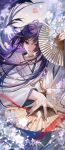  1boy ahoge bangs chinese_commentary commentary eyelashes fingernails genshin_impact hand_fan highres holding holding_fan japanese_clothes kimono long_hair long_sleeves looking_at_viewer parted_lips purple_hair red_eyeliner rope scaramouche_(genshin_impact) short_hair_with_long_locks solo violet_eyes white_kimono wide_sleeves yin01582942 