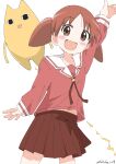  1girl :d absurdres arm_up azumanga_daioh bangs blush brown_eyes brown_hair brown_skirt chiyo_chichi commentary cowboy_shot cynical_(llcbluckg_c004) highres long_sleeves mihama_chiyo open_mouth outstretched_arm parted_bangs red_shirt sailor_collar school_uniform serafuku shirt simple_background skirt sleeves_past_wrists smile twintails twitter_username white_background white_sailor_collar 