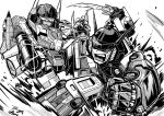  arm_cannon chibi clenched_hand fighting greyscale highres holding holding_sword holding_weapon mecha menasor monochrome oohara_tetsuya open_hand open_mouth robot science_fiction superion sword transformers weapon white_background 