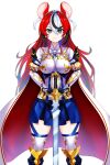  1girl alear_(fire_emblem) alear_(fire_emblem)_(female) alear_(fire_emblem)_(female)_(cosplay) animal_ears armor black_hair blue_hair braid breasts cosplay crown_braid fire_emblem fire_emblem_engage garter_straps hakos_baelz highres holding holding_sword holding_weapon hololive hololive_english long_hair looking_at_viewer medium_breasts mouse_ears mouse_girl multicolored_hair redhead sereneandsilent split-color_hair streaked_hair sword very_long_hair virtual_youtuber weapon white_hair 