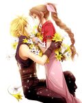  1boy 1girl aerith_gainsborough arms_around_back bangle bangs belt blonde_hair blue_eyes blue_shirt bracelet braid braided_ponytail brown_hair cloud_strife cowboy_shot cropped_jacket dress final_fantasy final_fantasy_vii final_fantasy_vii_remake flower gloves green_eyes hair_ribbon jacket jewelry long_dress long_hair looking_at_another multiple_belts parted_bangs parted_lips persia_(blue-sky) pink_dress pink_ribbon red_jacket ribbon shirt short_hair short_sleeves sleeveless sleeveless_turtleneck smile spiky_hair suspenders teeth turtleneck white_background white_flower yellow_flower 