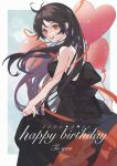  1girl absurdres balloon bangs bare_arms bare_shoulders black_bow black_dress black_hair bow breasts copyright_request dated dress dress_bow happy_birthday heart highres koyo_(koyo00) long_hair medium_breasts original red_eyes red_lips red_ribbon ribbon smile solo teeth 