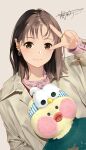  1girl brown_eyes brown_hair closed_mouth dated hand_up highres holding holding_stuffed_toy jewelry long_sleeves looking_at_viewer original ring signature solo stuffed_animal stuffed_duck stuffed_toy v v_over_eye yijian_ma 
