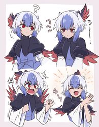  1girl bangs bird_wings blue_hair blush clenched_hand closed_eyes closed_mouth dress happy head_wings horns long_sleeves multicolored_hair red_eyes red_wings shio_(futatsumami) short_hair single_head_wing smile solo tokiko_(touhou) touhou two-tone_hair white_hair wide_sleeves wings 