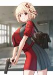  1girl absurdres bag belt blonde_hair blue_ribbon bookbag breast_curtain breast_squeeze breasts buttons classroom collared_shirt cowboy_shot double-breasted dress folded_hair grey_dress grin gun hair_between_eyes hair_ribbon handgun highres kano_(wi3028) large_breasts letterboxed light_blush looking_at_viewer lycoris_recoil lycoris_uniform m1911 medium_hair neck_ribbon nishikigi_chisato outside_border pleated_dress red_dress red_eyes red_ribbon ribbon shirt short_dress short_sleeves smile solo two-tone_dress v_arms weapon white_shirt 