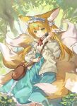  1girl a-white-a animal_ears arknights bag bangs blonde_hair blue_hairband blue_skirt commentary crossover day fox_ears fox_girl fox_tail frilled_hairband frills green_eyes grey_jacket hairband hand_up heixiu high-waist_skirt highres jacket kitsune long_hair long_sleeves looking_at_viewer multicolored_hair neck_ribbon open_clothes open_jacket outdoors parted_lips puffy_long_sleeves puffy_sleeves red_ribbon ribbon shirt shoulder_bag skirt suzuran_(arknights) suzuran_(spring_praise)_(arknights) symbol-only_commentary tail the_legend_of_luo_xiaohei tree two-tone_hair very_long_hair white_hair white_shirt 