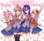  4girls :d ;d anniversary arm_up bangs black_thighhighs blue_eyes blue_skirt bow brown_hair brown_vest commentary_request copyright_name doki_doki_literature_club english_text eyes_visible_through_hair fang green_eyes grey_jacket hair_between_eyes hair_bow hair_ornament hair_ribbon hairclip hand_on_another&#039;s_back highres holding_hands interlocked_fingers jacket long_hair long_sleeves looking_at_viewer milestone_celebration monika_(doki_doki_literature_club) multiple_girls nan_(gokurou) natsuki_(doki_doki_literature_club) neck_ribbon one_eye_closed open_clothes open_jacket open_mouth pink_eyes pink_hair pleated_skirt polka_dot polka_dot_background ponytail purple_hair red_bow red_ribbon ribbon sayori_(doki_doki_literature_club) school_uniform shirt short_hair simple_background skin_fang skirt smile swept_bangs thigh-highs two_side_up very_long_hair vest violet_eyes watermark waving white_ribbon white_shirt wing_collar yuri_(doki_doki_literature_club) zettai_ryouiki 