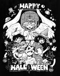  +_+ 2girls 4boys angel_costume aubrey_(omori) basil_(omori) bow bug bug_bunny_(omori) cat closed_eyes facing_viewer fake_halo fake_wings ghost_bunny_(omori) glasses_ghost_(omori) greyscale grin halloween halloween_costume happy_halloween hat hat_bow hat_ribbon head_wreath hero_(omori) highres holding holding_stuffed_toy interlocked_fingers kel_(omori) long_hair looking_at_viewer mari_(omori) mewo monochrome multiple_boys multiple_girls mummy_costume mustache_ghost_(omori) omocat omori one_eye_closed open_mouth parted_lips propeller_ghost_(omori) ribbon short_hair short_sleeves silk smile something_(omori) spider spider_web sprout_mole stuffed_eggplant stuffed_toy sunhat_ghost_(omori) sunny_(omori) teeth upper_teeth when_you_see_it wings witch_hat 